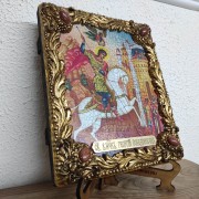 Фото на подставке и полочке Ангел, иконы Георгия Победоносца, св. великомученика с иглицами и камнями