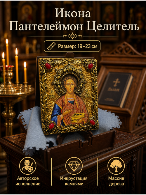 Фото Икона Пантелеймон Целитель в оформлении камнями заказать в мастерской