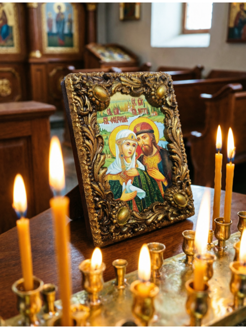 Фото Маленькая икона Петр и Феврония Муромские без камней заказать в мастерской
