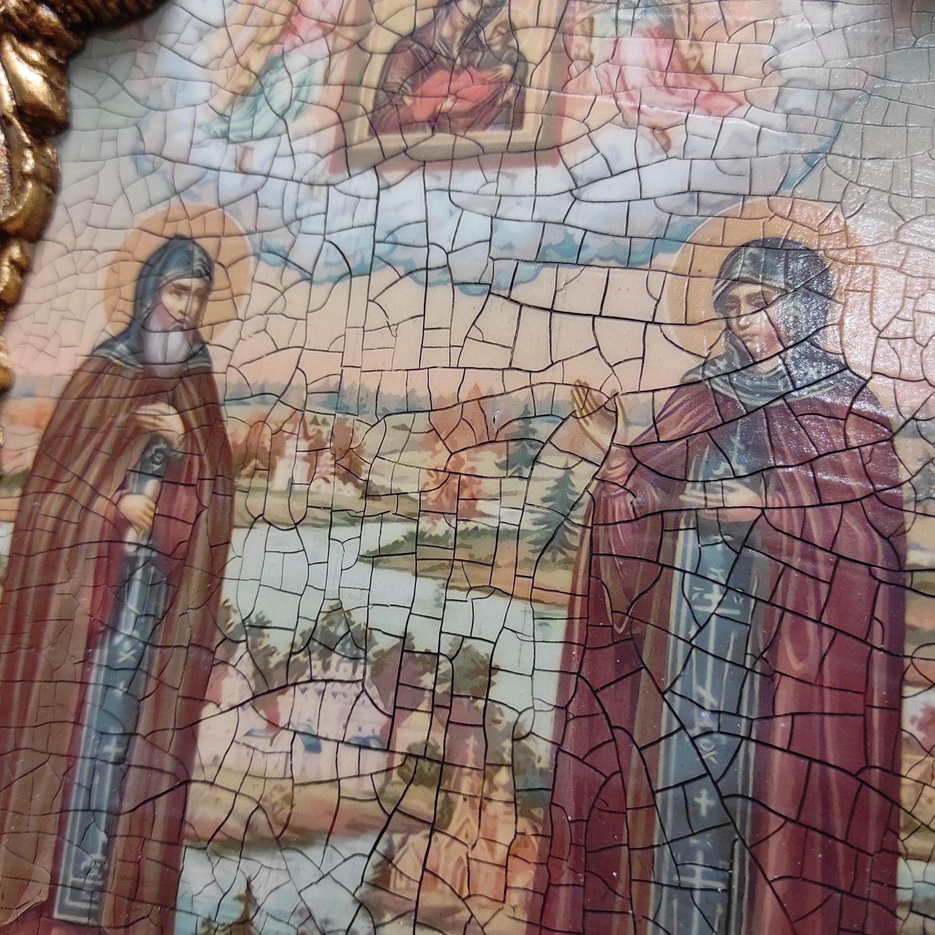 Фото иконы под старину Петра и Февронии с иглицами и зелеными камнями центр