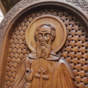Резная именная икона Сергий Радонежский, святой преподобный в округлой раме