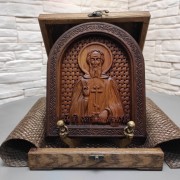Резная именная икона Сергий Радонежский, святой преподобный в округлой раме